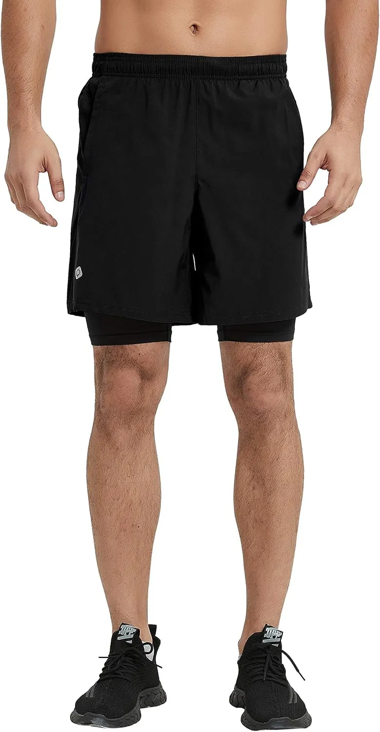 CQC Men's 2 in 1 Running Shorts Quick Drying Lightweight Active Training Exercise Jogging Cycling Shorts