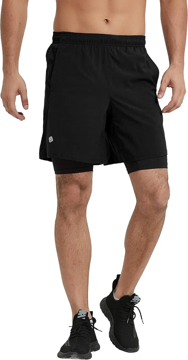 CQC Men's 2 in 1 Running Shorts Quick Drying Lightweight Active Training Exercise Jogging Cycling Shorts