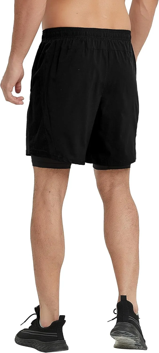 CQC Men's 2 in 1 Running Shorts Quick Drying Lightweight Active Training Exercise Jogging Cycling Shorts