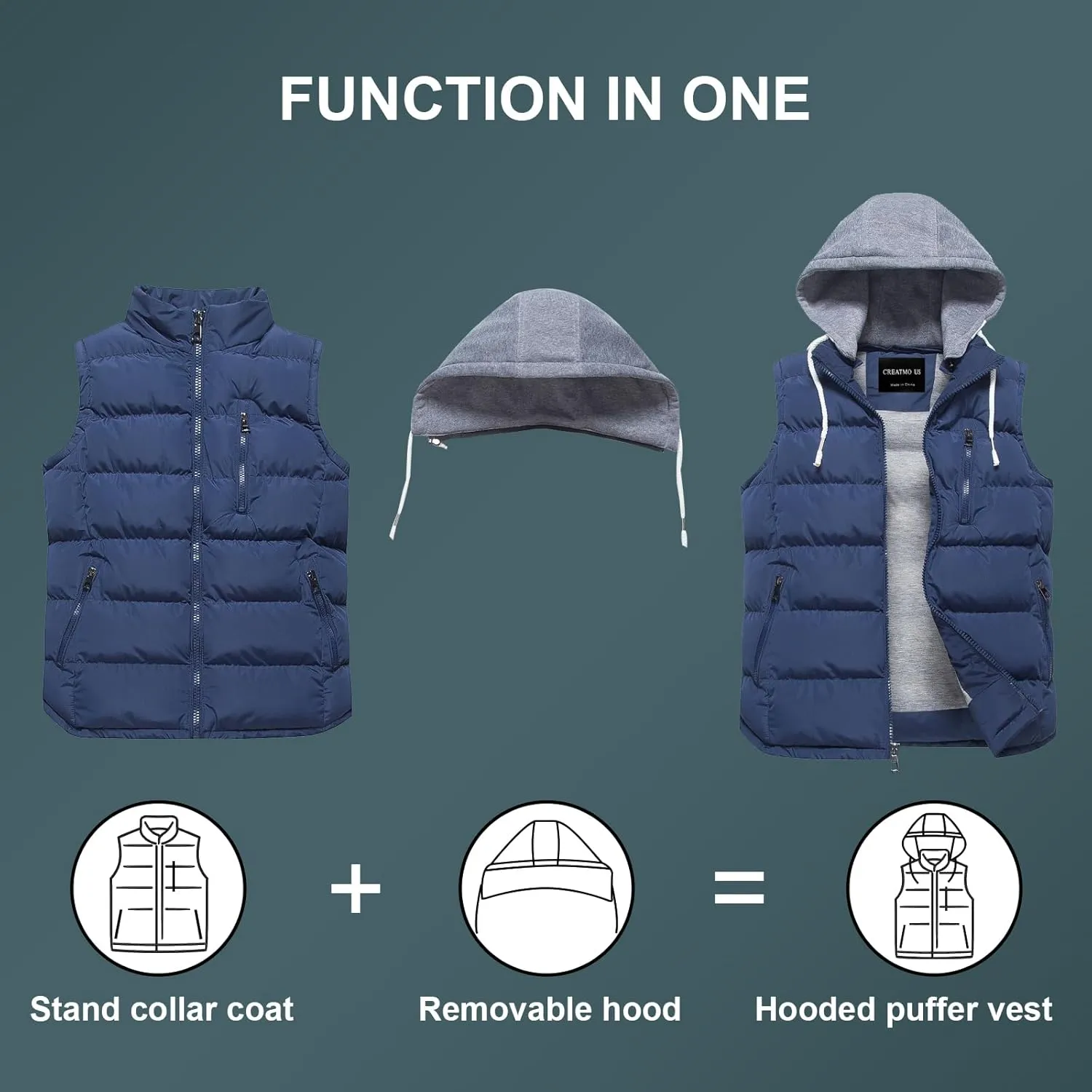 CREATMO US Men's Outdoor Winter Vest Outerwear Removable Hooded Padded Puffer Sleeveless Vest