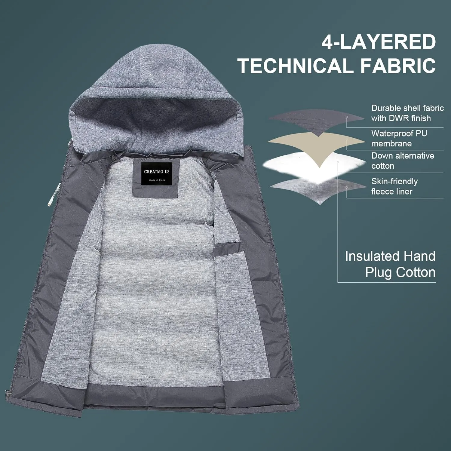 CREATMO US Men's Outdoor Winter Vest Outerwear Removable Hooded Padded Puffer Sleeveless Vest