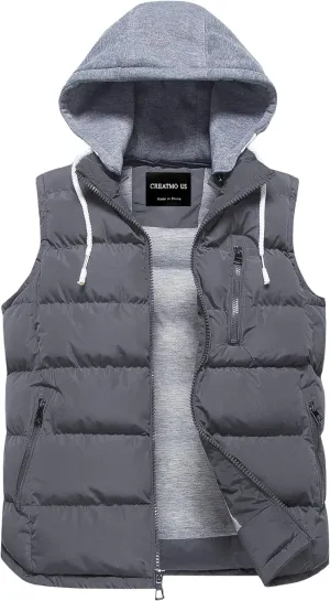 CREATMO US Men's Outdoor Winter Vest Outerwear Removable Hooded Padded Puffer Sleeveless Vest