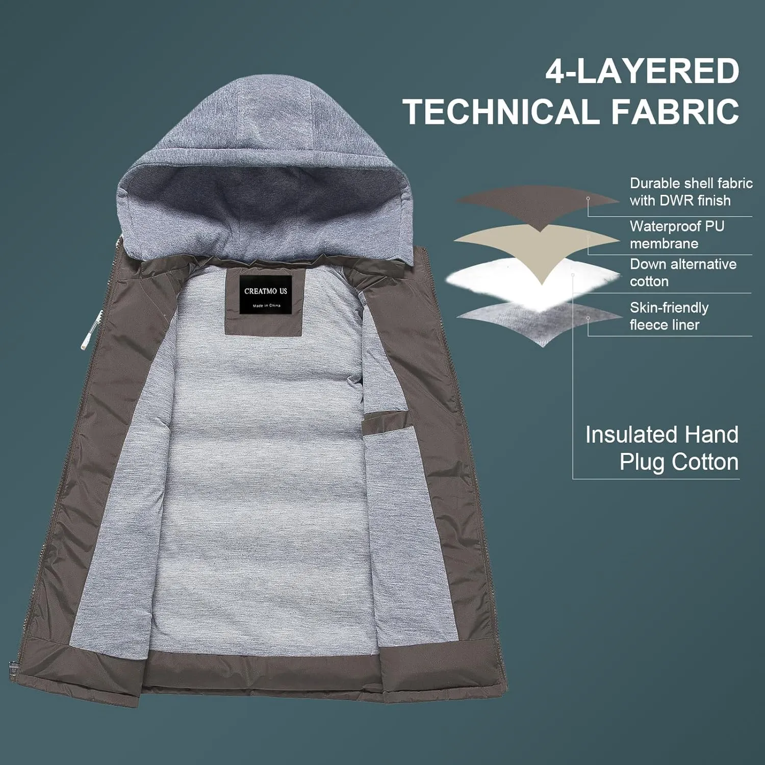 CREATMO US Men's Outdoor Winter Vest Outerwear Removable Hooded Padded Puffer Sleeveless Vest