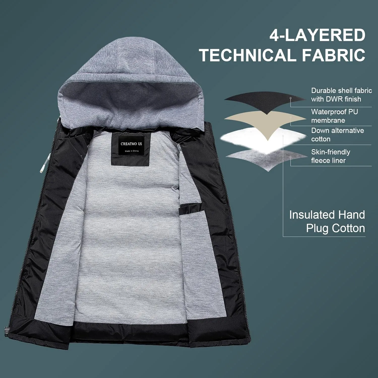 CREATMO US Men's Outdoor Winter Vest Outerwear Removable Hooded Padded Puffer Sleeveless Vest
