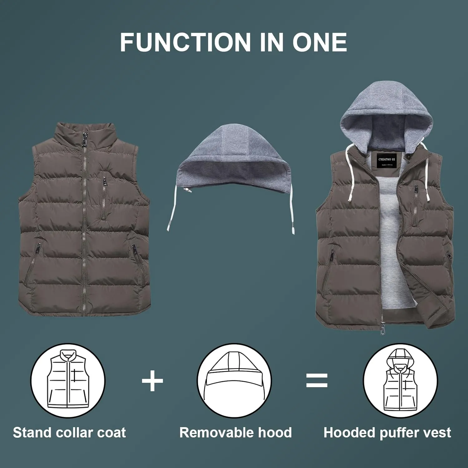 CREATMO US Men's Outdoor Winter Vest Outerwear Removable Hooded Padded Puffer Sleeveless Vest