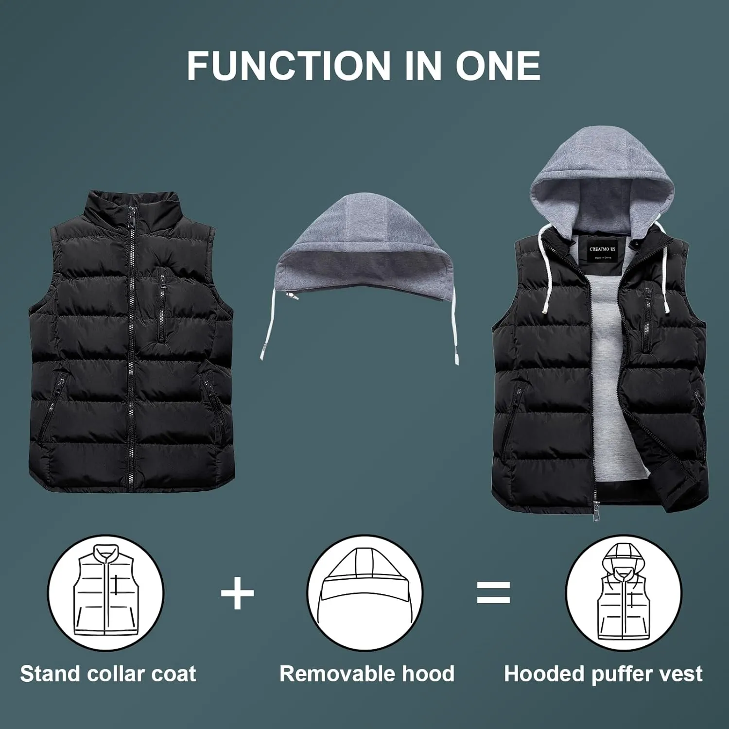 CREATMO US Men's Outdoor Winter Vest Outerwear Removable Hooded Padded Puffer Sleeveless Vest