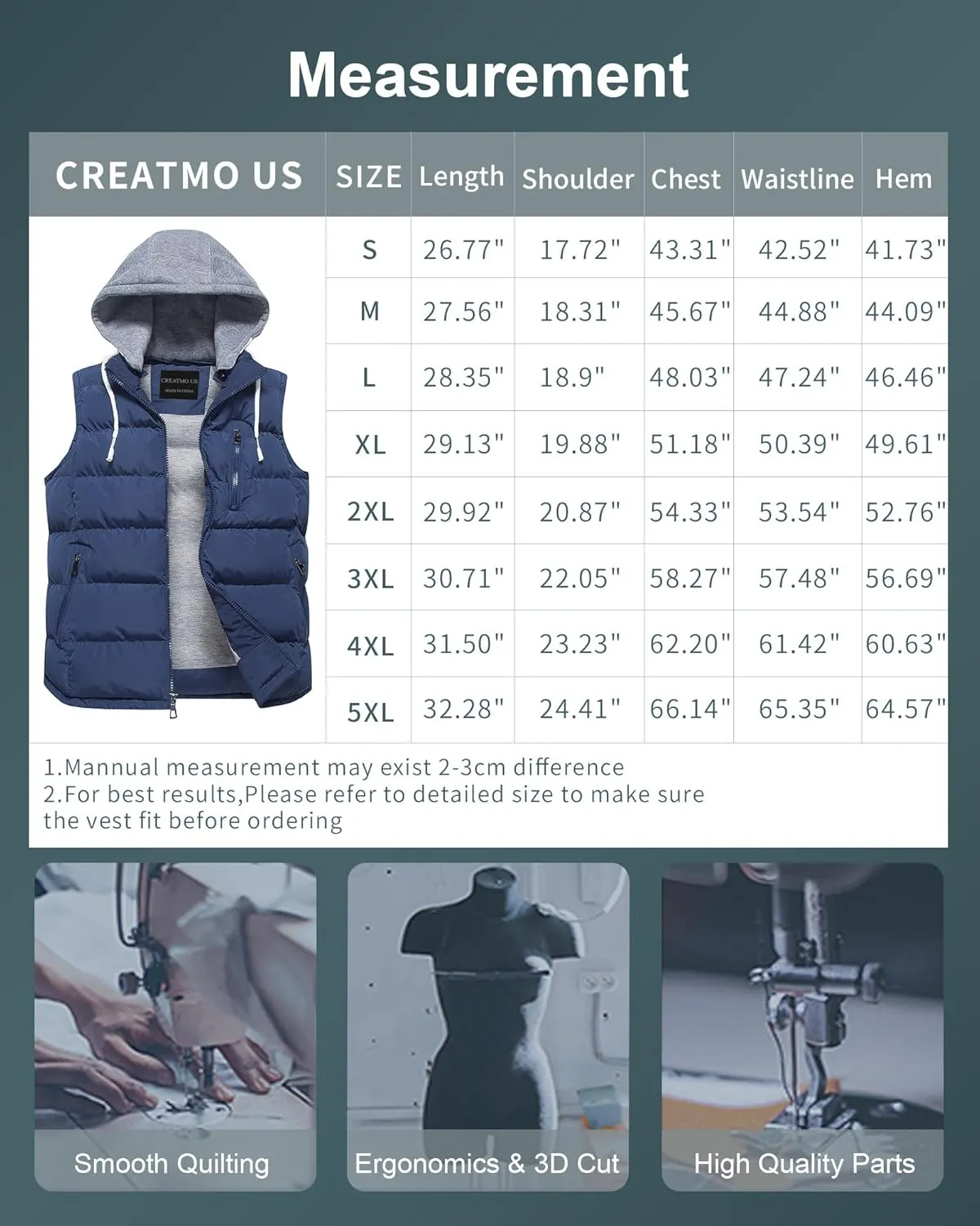 CREATMO US Men's Outdoor Winter Vest Outerwear Removable Hooded Padded Puffer Sleeveless Vest