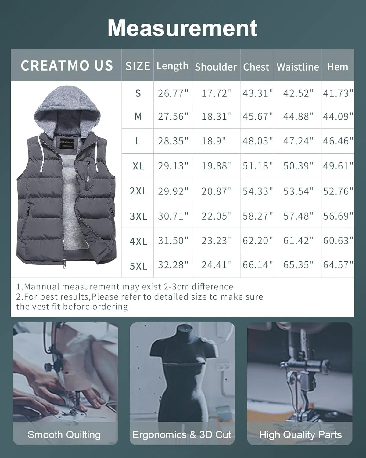 CREATMO US Men's Outdoor Winter Vest Outerwear Removable Hooded Padded Puffer Sleeveless Vest