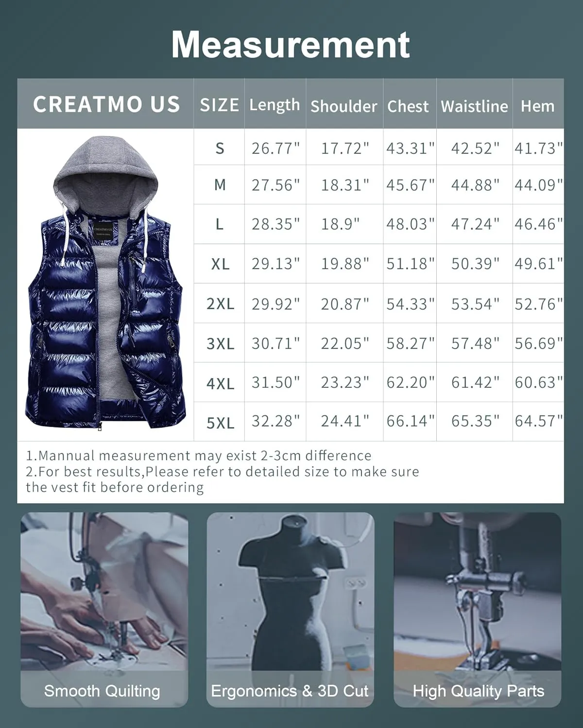 CREATMO US Men's Outdoor Winter Vest Outerwear Removable Hooded Padded Puffer Sleeveless Vest