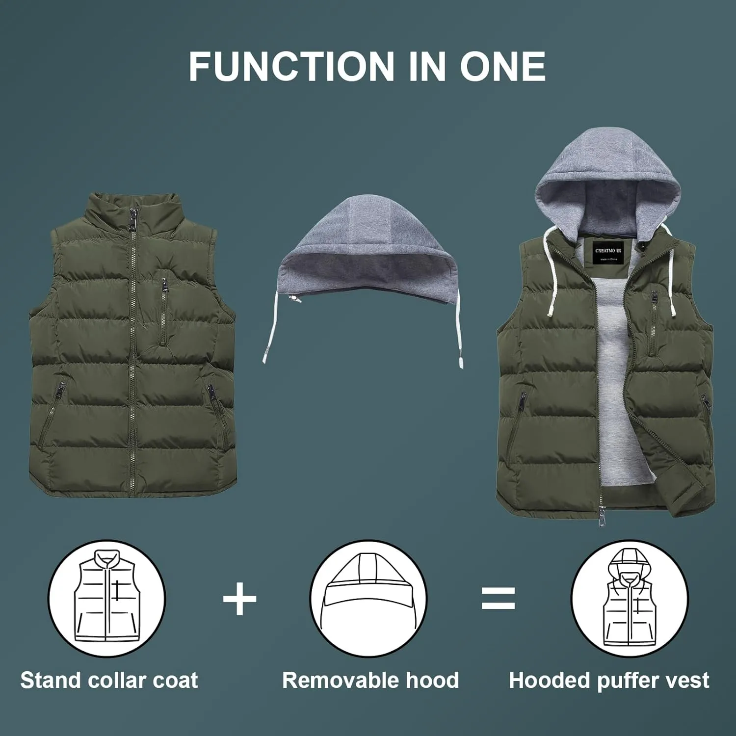 CREATMO US Men's Outdoor Winter Vest Outerwear Removable Hooded Padded Puffer Sleeveless Vest