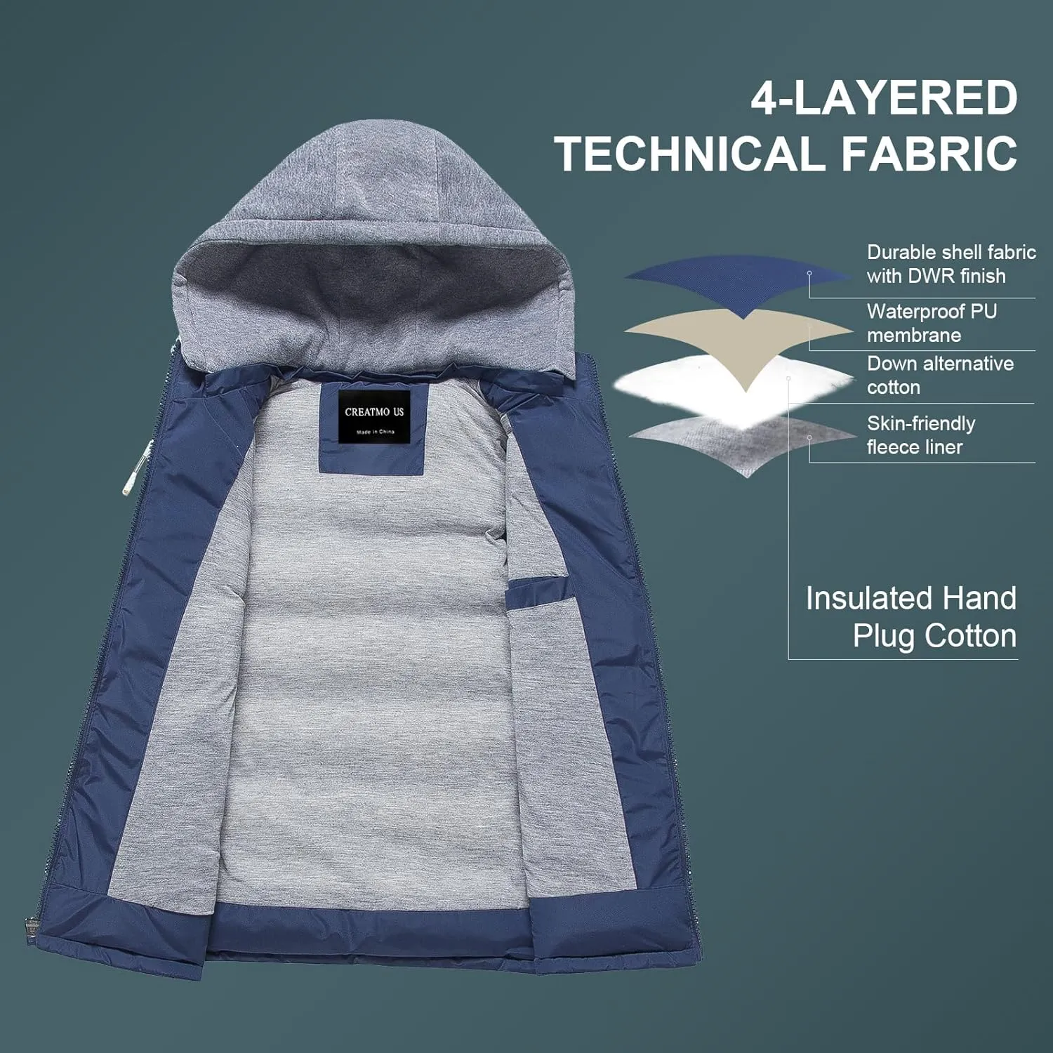 CREATMO US Men's Outdoor Winter Vest Outerwear Removable Hooded Padded Puffer Sleeveless Vest