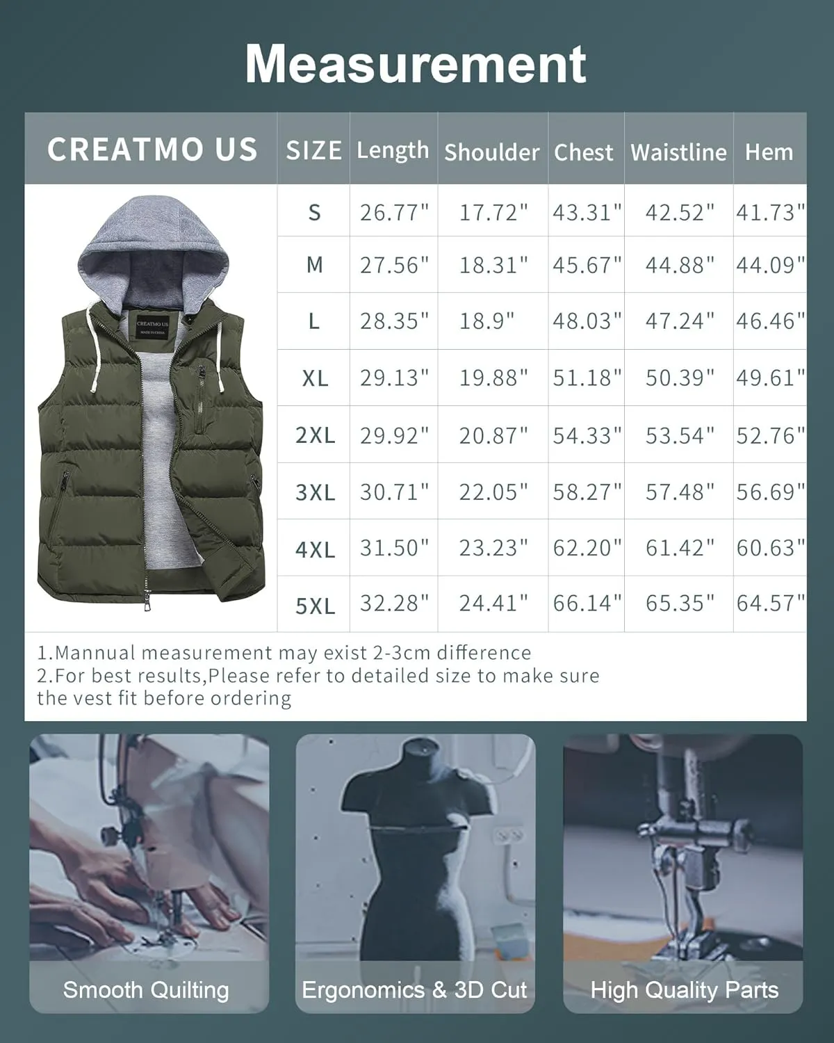 CREATMO US Men's Outdoor Winter Vest Outerwear Removable Hooded Padded Puffer Sleeveless Vest