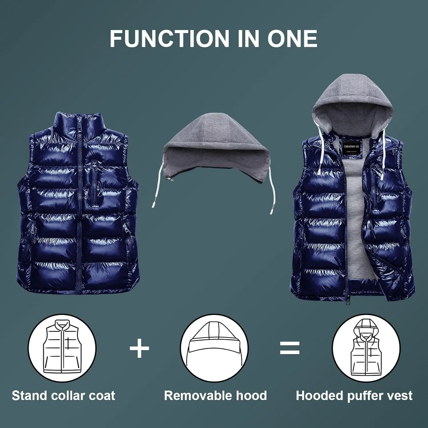 CREATMO US Men's Outdoor Winter Vest Outerwear Removable Hooded Padded Puffer Sleeveless Vest