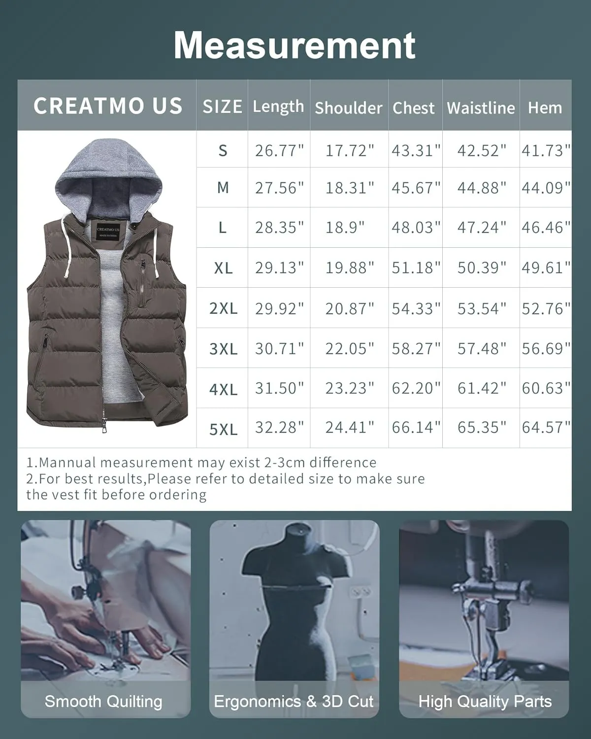 CREATMO US Men's Outdoor Winter Vest Outerwear Removable Hooded Padded Puffer Sleeveless Vest