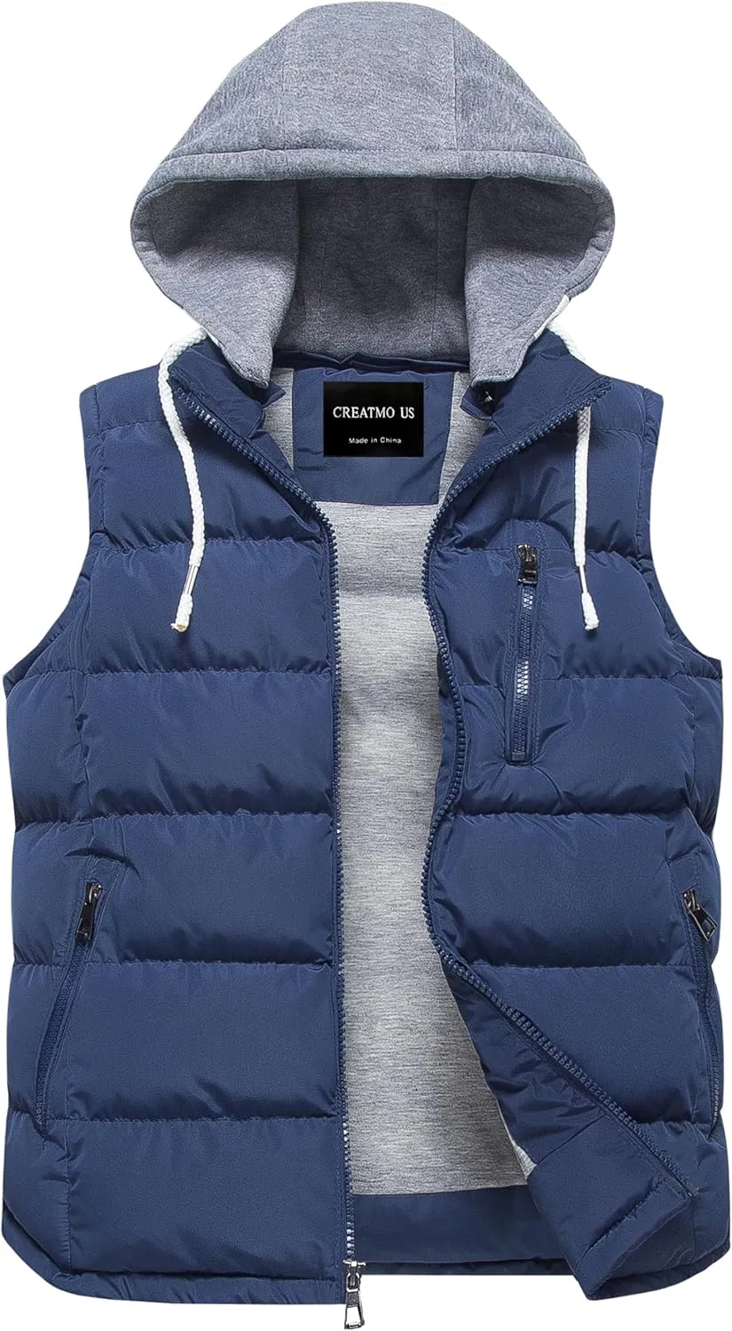 CREATMO US Men's Outdoor Winter Vest Outerwear Removable Hooded Padded Puffer Sleeveless Vest