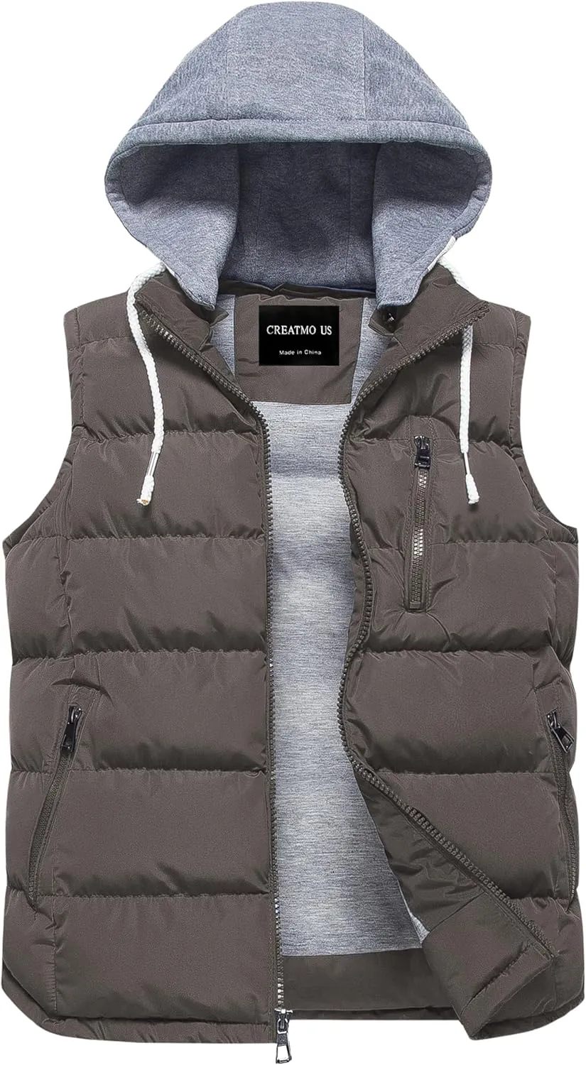CREATMO US Men's Outdoor Winter Vest Outerwear Removable Hooded Padded Puffer Sleeveless Vest