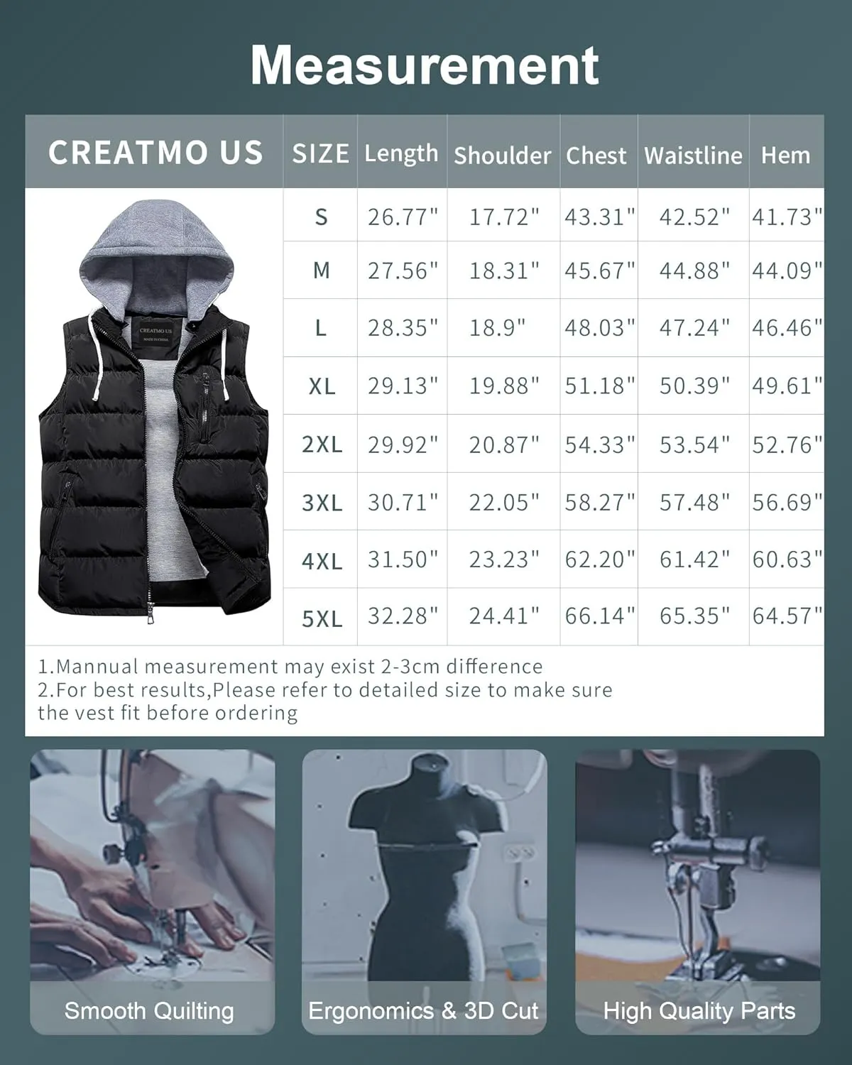 CREATMO US Men's Outdoor Winter Vest Outerwear Removable Hooded Padded Puffer Sleeveless Vest