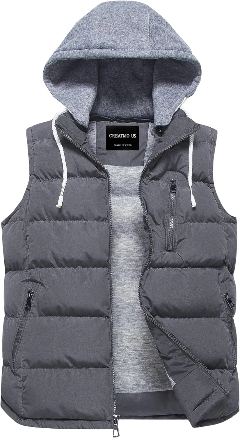 CREATMO US Men's Outdoor Winter Vest Outerwear Removable Hooded Padded Puffer Sleeveless Vest