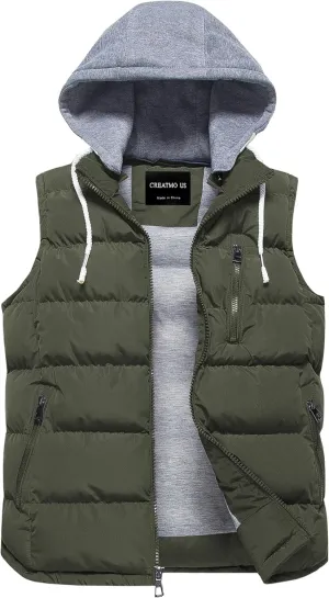CREATMO US Men's Outdoor Winter Vest Outerwear Removable Hooded Padded Puffer Sleeveless Vest