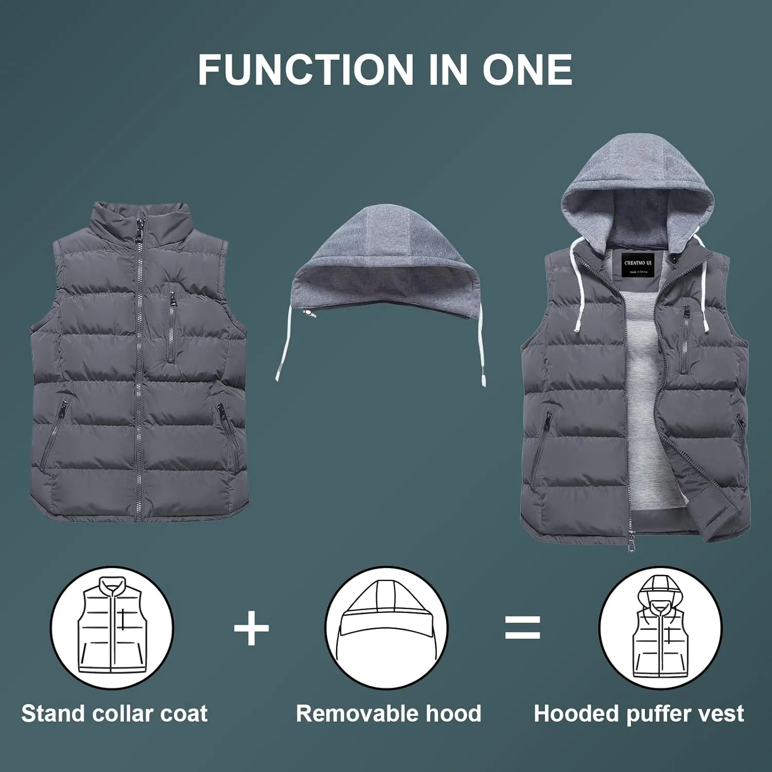CREATMO US Men's Outdoor Winter Vest Outerwear Removable Hooded Padded Puffer Sleeveless Vest