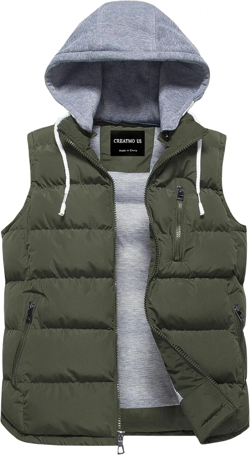 CREATMO US Men's Outdoor Winter Vest Outerwear Removable Hooded Padded Puffer Sleeveless Vest