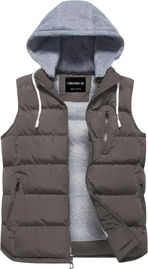 CREATMO US Men's Outdoor Winter Vest Outerwear Removable Hooded Padded Puffer Sleeveless Vest
