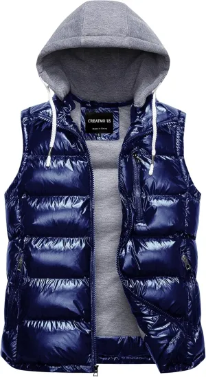 CREATMO US Men's Outdoor Winter Vest Outerwear Removable Hooded Padded Puffer Sleeveless Vest