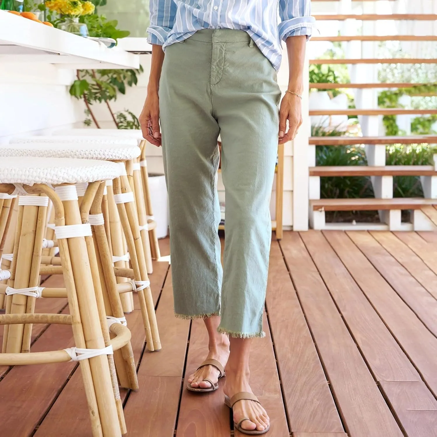 Cropped Linen Pants Women Straight Leg Pull On Work Pants Business Casual High Waisted Dress Pants Office Ankle Pants