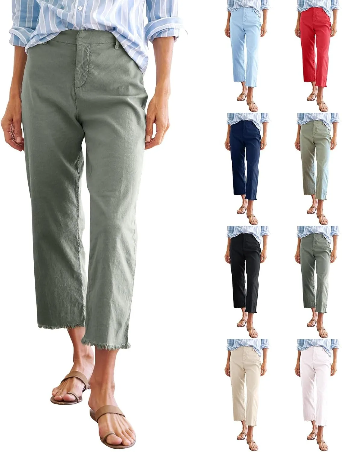 Cropped Linen Pants Women Straight Leg Pull On Work Pants Business Casual High Waisted Dress Pants Office Ankle Pants