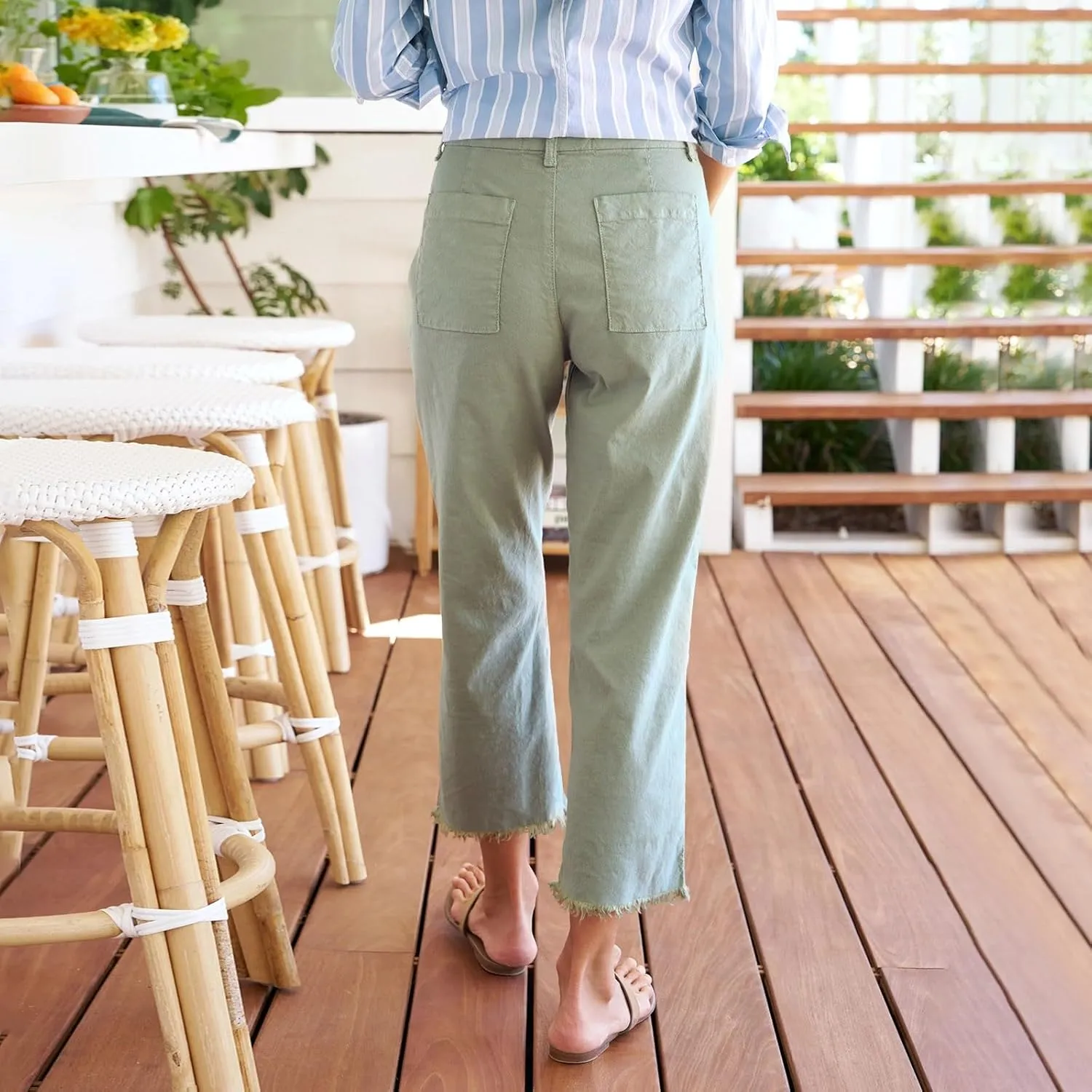 Cropped Linen Pants Women Straight Leg Pull On Work Pants Business Casual High Waisted Dress Pants Office Ankle Pants