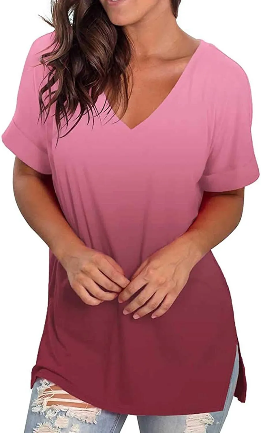DASAYO Womens Tops 2023 Summer Casual T-Shirt Plus Size Fashion Short Sleeve Shirts Blouse Going Out Tunic Ladies Outfits