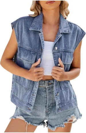 Denim Vest for Women Cropped Button Down Sleeveless Lapel Jean Jacket Fashion Casual Western Outerwear with Pockets