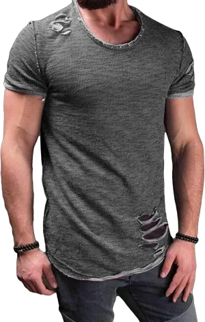 DGHM-JLMY Men's Ripped Solid Color T-Shirt Slim Fit Distressed Ripped Crewneck Tee Shirts Casual Short Sleeve Hip Hop Tees