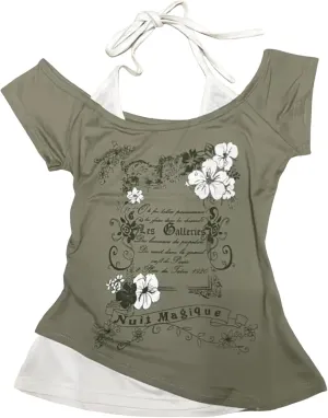 Emo Grunge Shirts Women 2000s Graphic Baby Tees Short Sleeve Vintage Y2k Crop Tops Fake Two Piece Alt Clothes