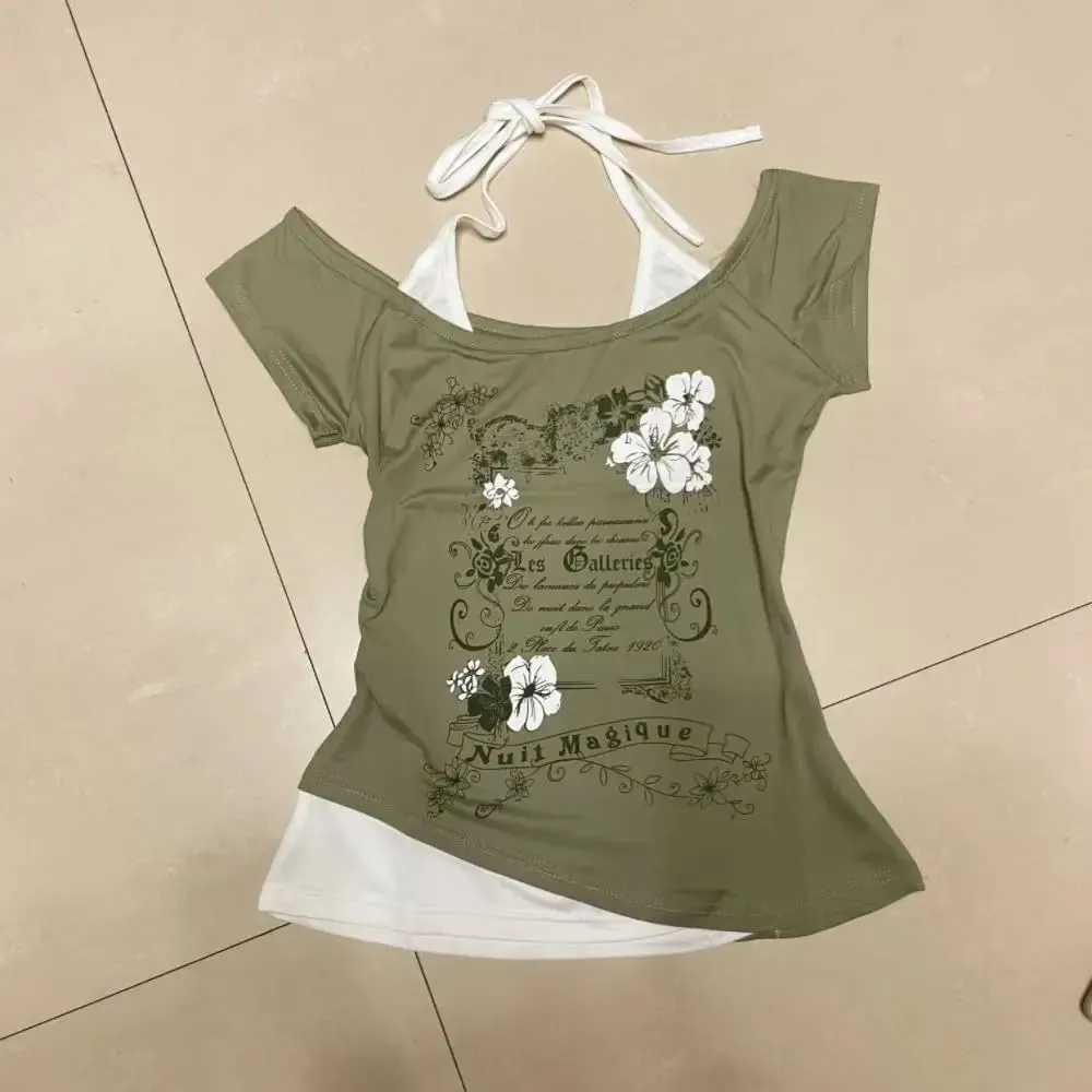 Emo Grunge Shirts Women 2000s Graphic Baby Tees Short Sleeve Vintage Y2k Crop Tops Fake Two Piece Alt Clothes