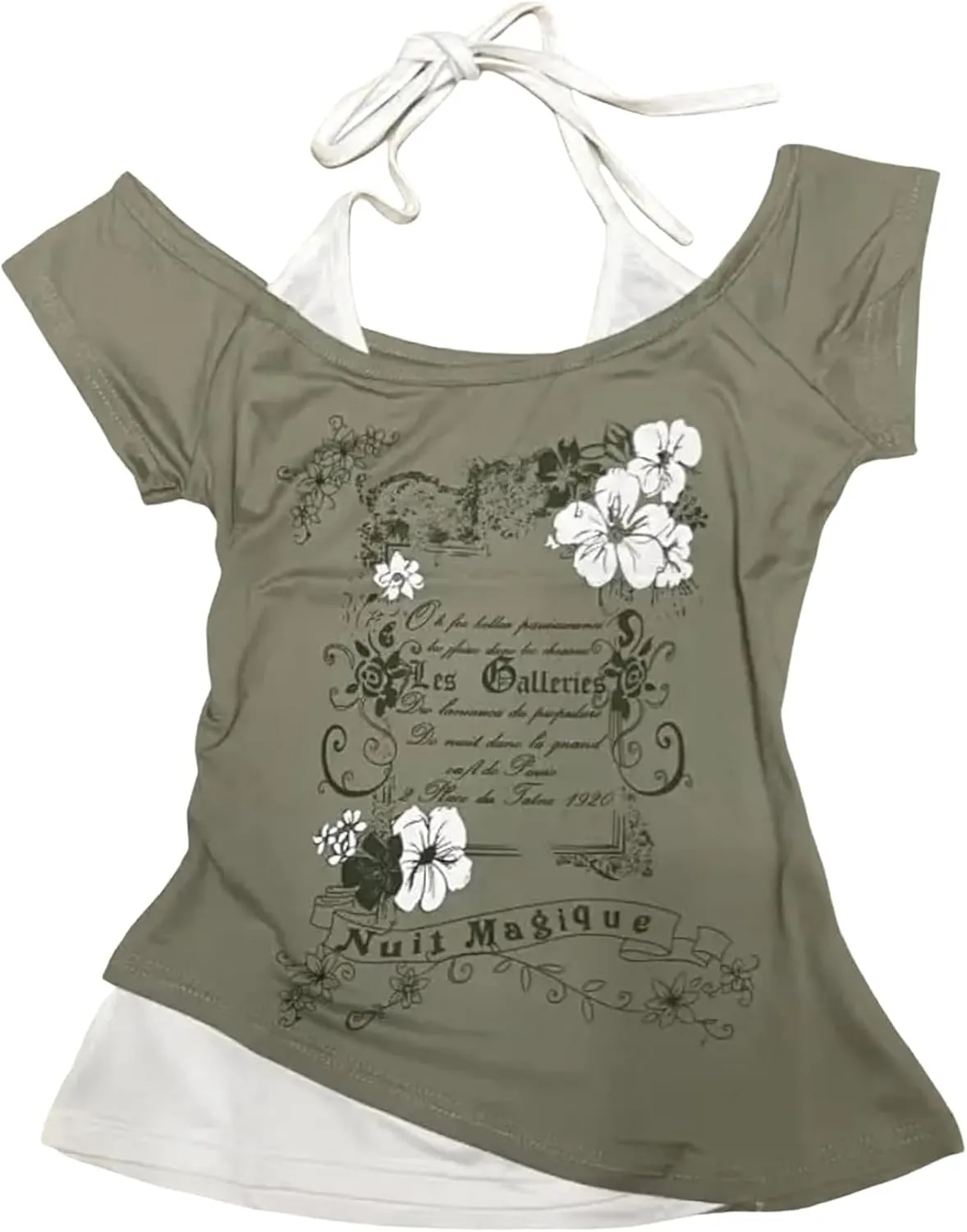 Emo Grunge Shirts Women 2000s Graphic Baby Tees Short Sleeve Vintage Y2k Crop Tops Fake Two Piece Alt Clothes