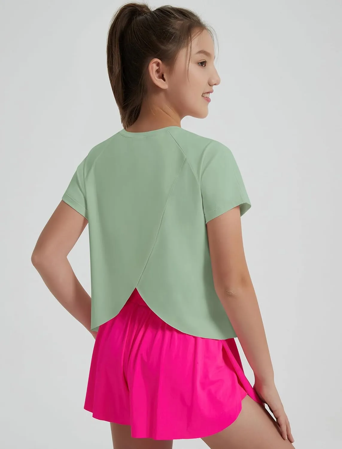 EXARUS Girls Athletic Shirts Short Sleeve Crop Tops/Split Back Quick Dry T Shirt Workout Summer Casual Kids 6-14Y