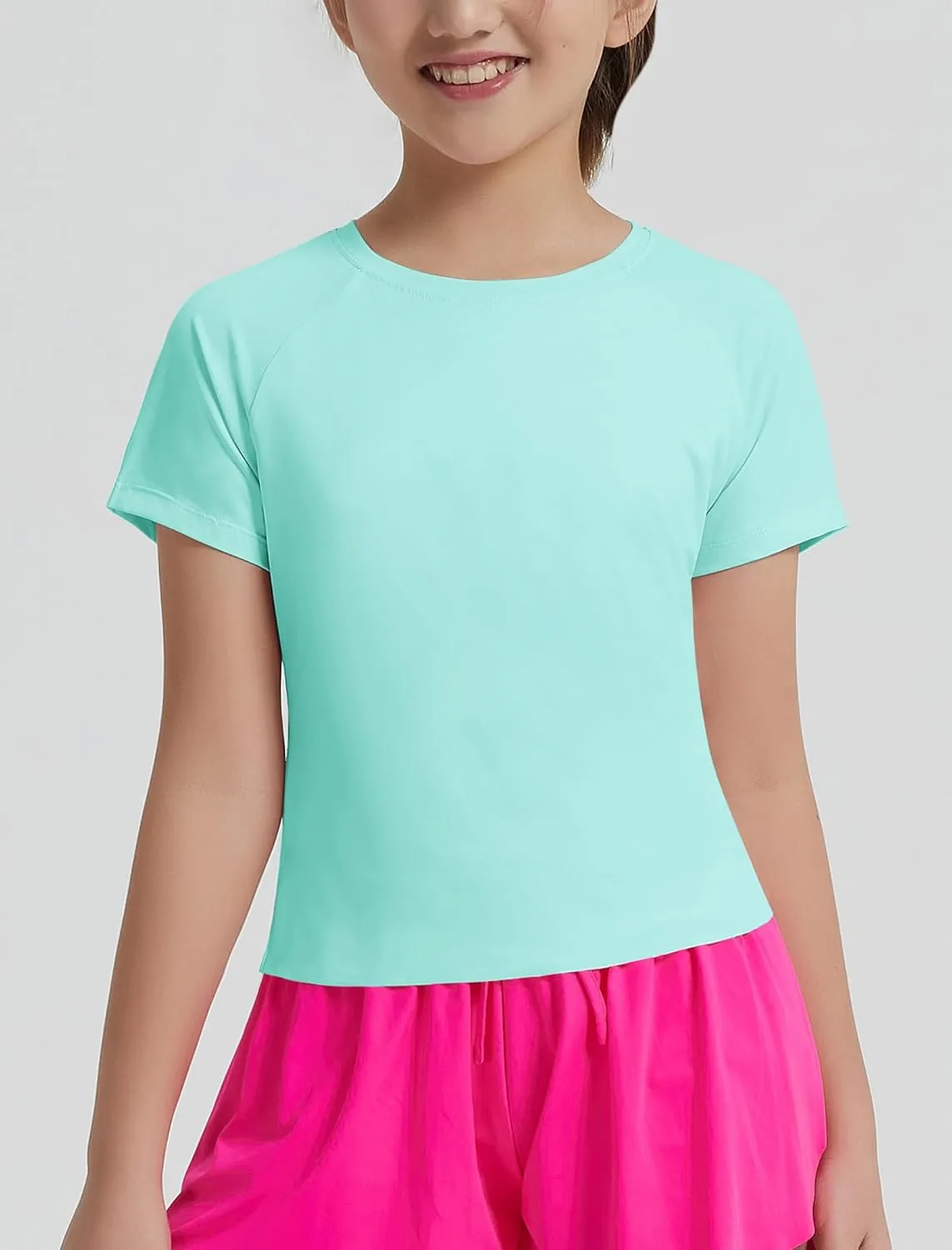 EXARUS Girls Athletic Shirts Short Sleeve Crop Tops/Split Back Quick Dry T Shirt Workout Summer Casual Kids 6-14Y