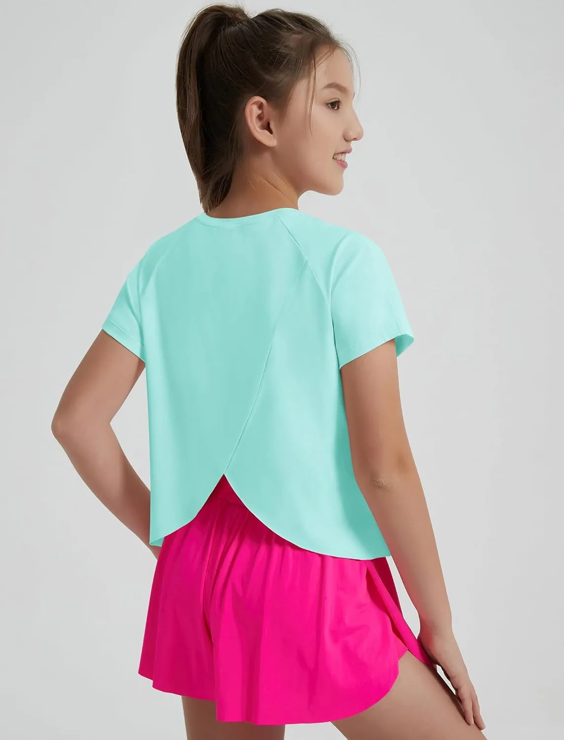 EXARUS Girls Athletic Shirts Short Sleeve Crop Tops/Split Back Quick Dry T Shirt Workout Summer Casual Kids 6-14Y