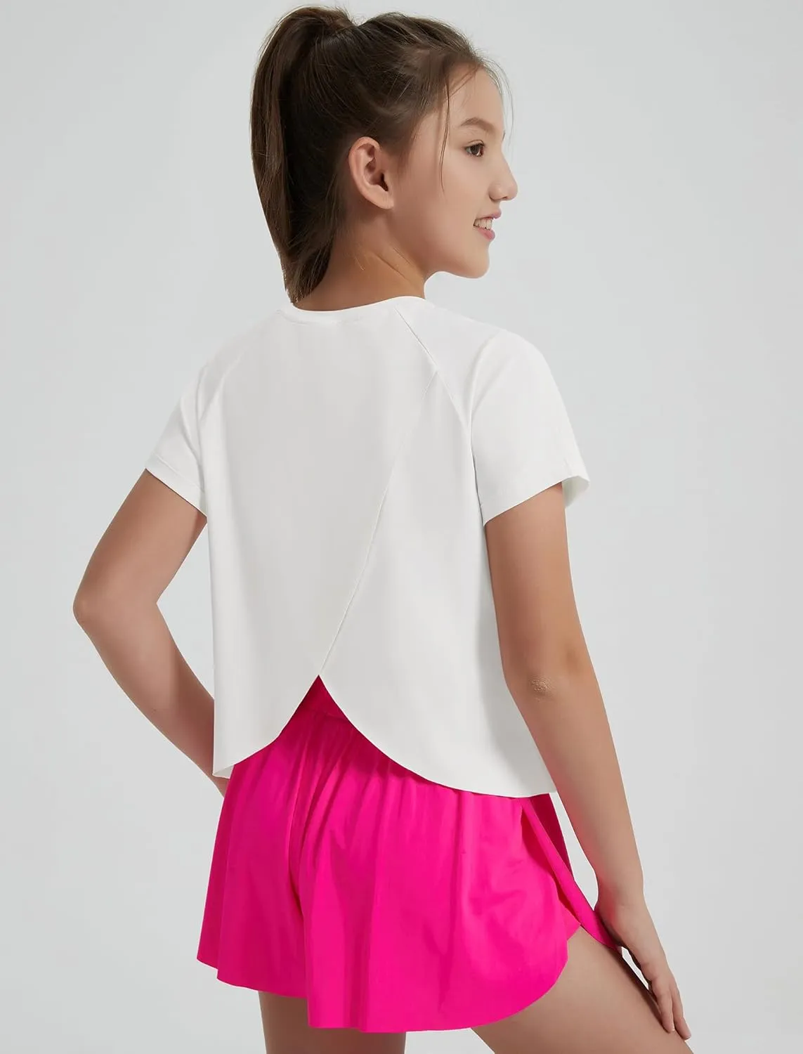 EXARUS Girls Athletic Shirts Short Sleeve Crop Tops/Split Back Quick Dry T Shirt Workout Summer Casual Kids 6-14Y