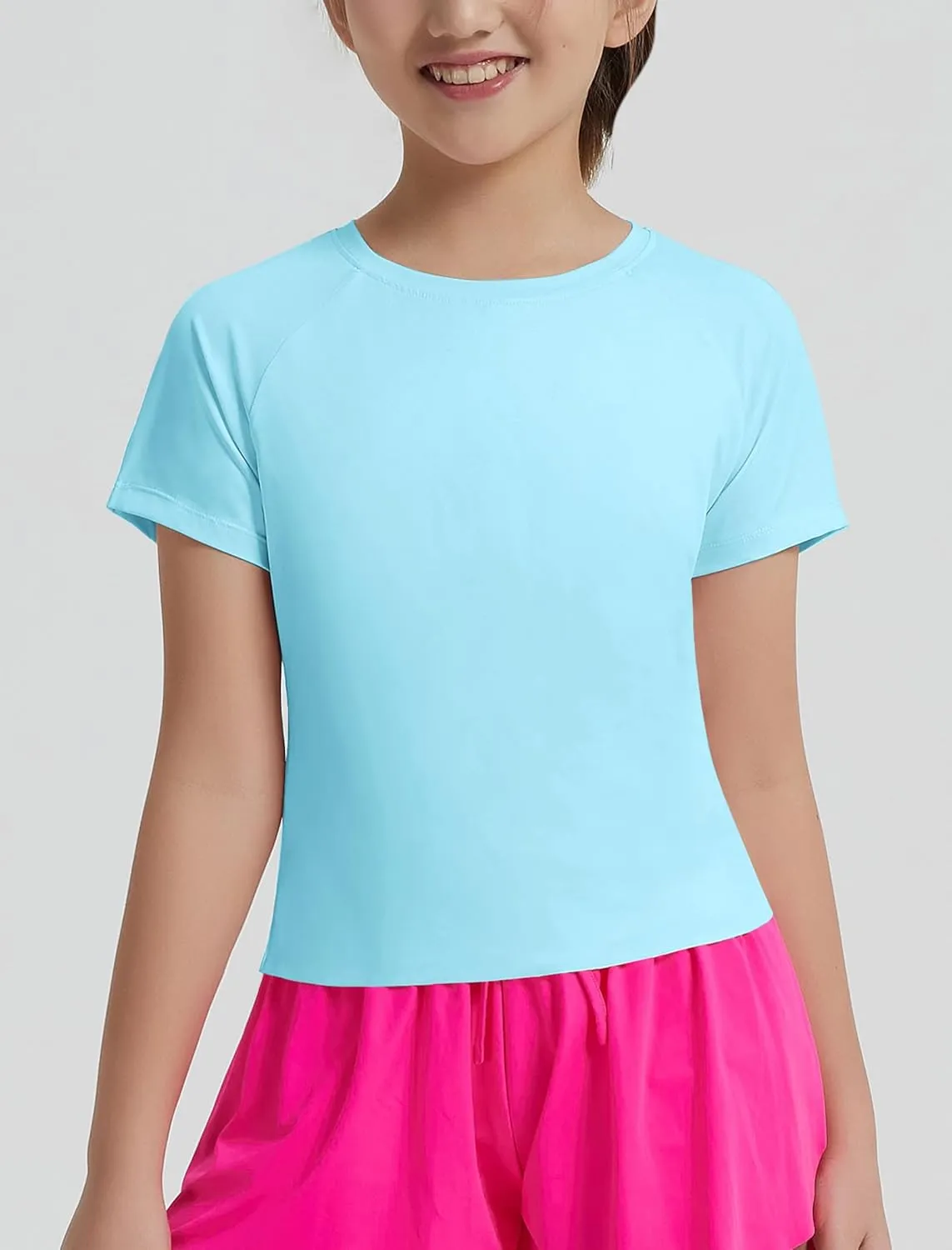 EXARUS Girls Athletic Shirts Short Sleeve Crop Tops/Split Back Quick Dry T Shirt Workout Summer Casual Kids 6-14Y