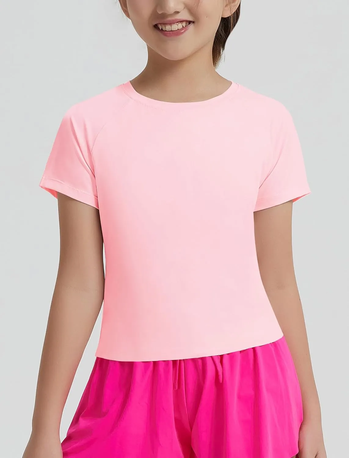 EXARUS Girls Athletic Shirts Short Sleeve Crop Tops/Split Back Quick Dry T Shirt Workout Summer Casual Kids 6-14Y