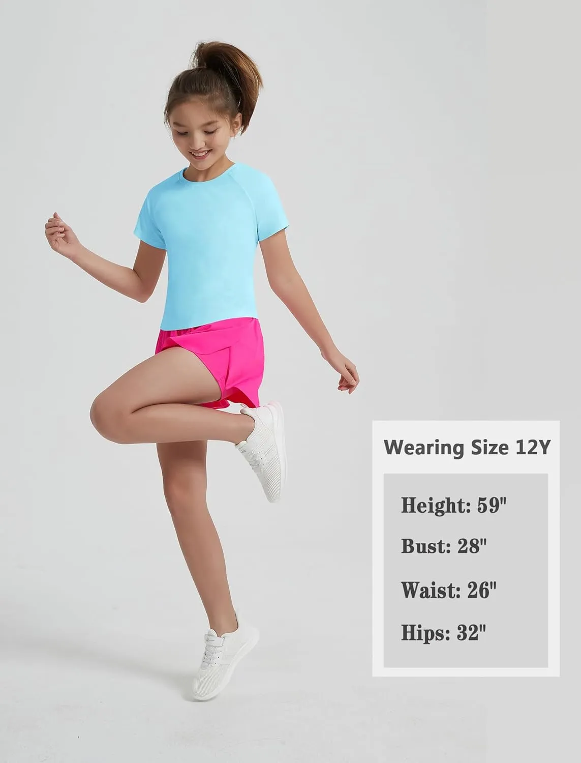 EXARUS Girls Athletic Shirts Short Sleeve Crop Tops/Split Back Quick Dry T Shirt Workout Summer Casual Kids 6-14Y