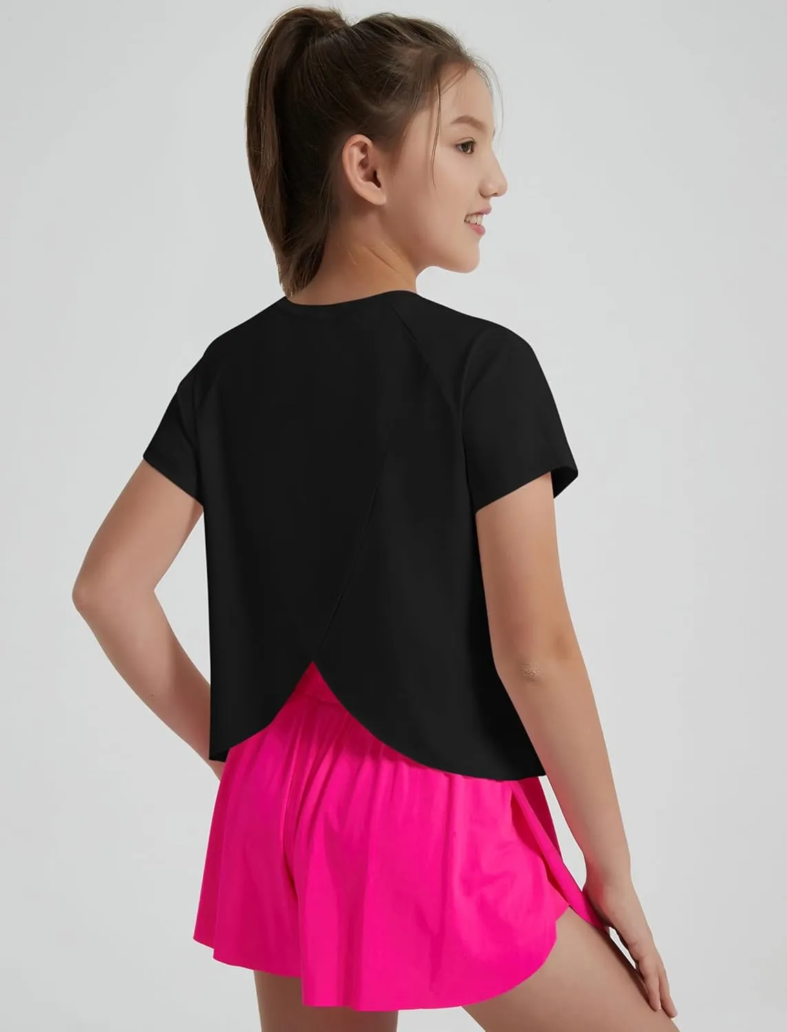 EXARUS Girls Athletic Shirts Short Sleeve Crop Tops/Split Back Quick Dry T Shirt Workout Summer Casual Kids 6-14Y