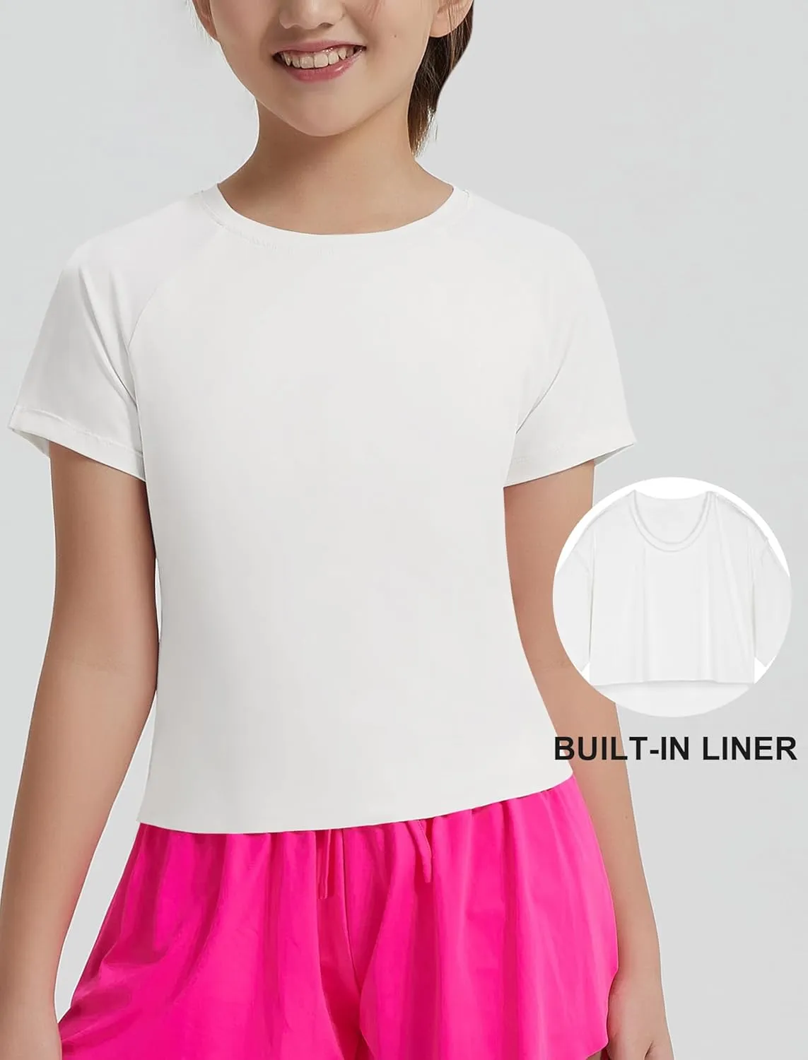 EXARUS Girls Athletic Shirts Short Sleeve Crop Tops/Split Back Quick Dry T Shirt Workout Summer Casual Kids 6-14Y