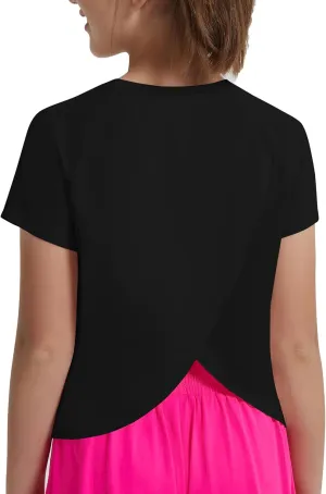 EXARUS Girls Athletic Shirts Short Sleeve Crop Tops/Split Back Quick Dry T Shirt Workout Summer Casual Kids 6-14Y