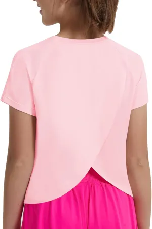 EXARUS Girls Athletic Shirts Short Sleeve Crop Tops/Split Back Quick Dry T Shirt Workout Summer Casual Kids 6-14Y