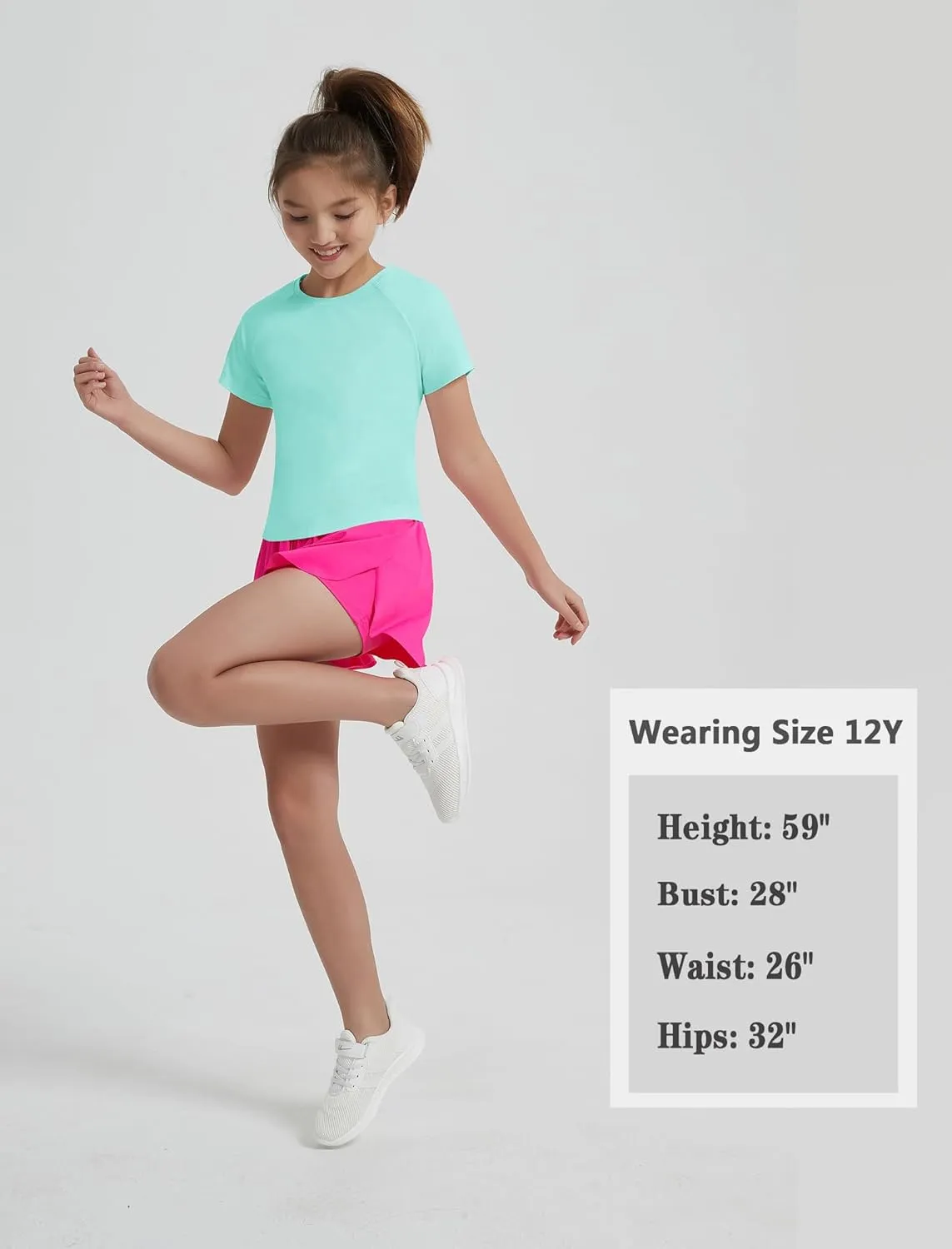 EXARUS Girls Athletic Shirts Short Sleeve Crop Tops/Split Back Quick Dry T Shirt Workout Summer Casual Kids 6-14Y