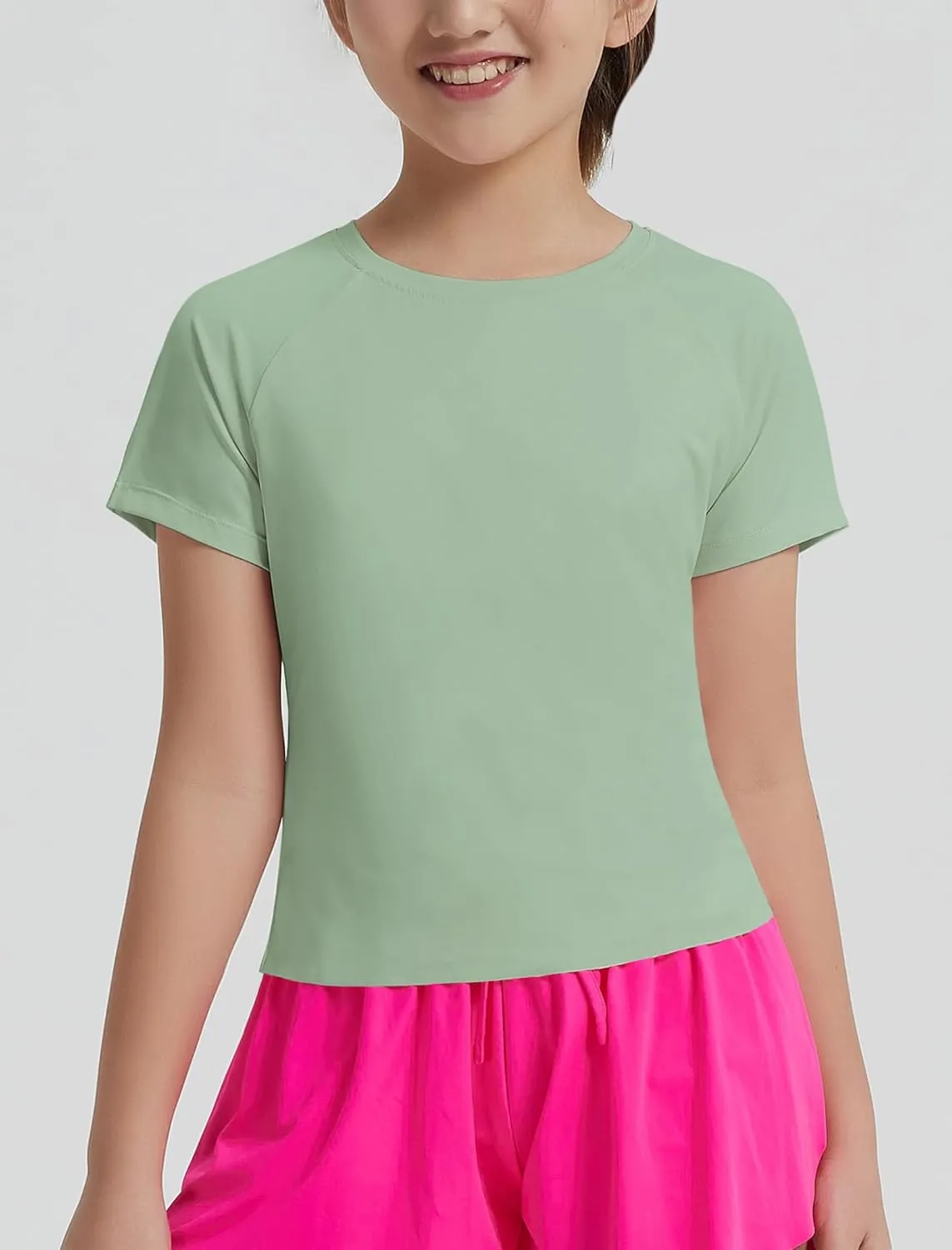 EXARUS Girls Athletic Shirts Short Sleeve Crop Tops/Split Back Quick Dry T Shirt Workout Summer Casual Kids 6-14Y