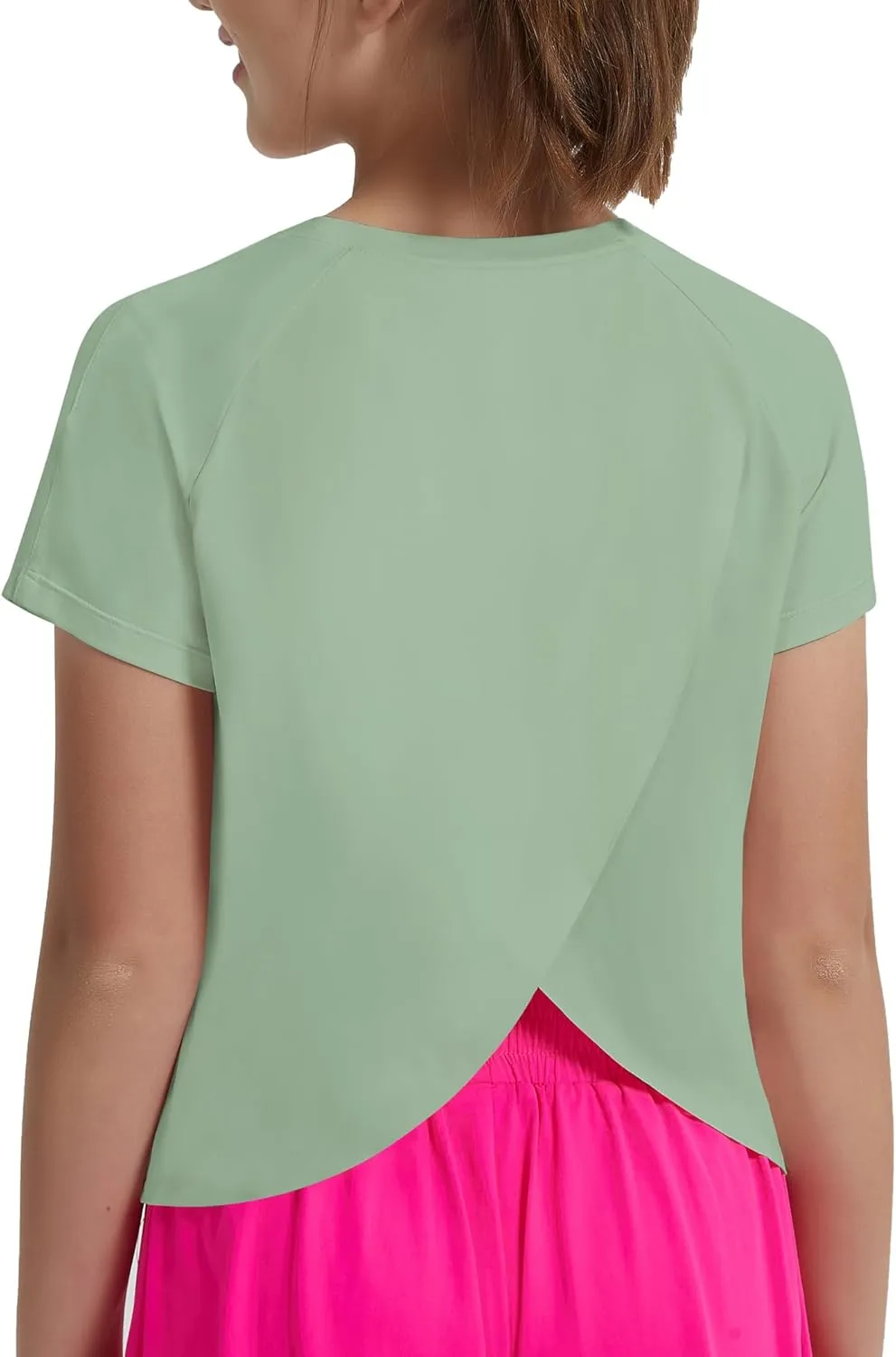 EXARUS Girls Athletic Shirts Short Sleeve Crop Tops/Split Back Quick Dry T Shirt Workout Summer Casual Kids 6-14Y